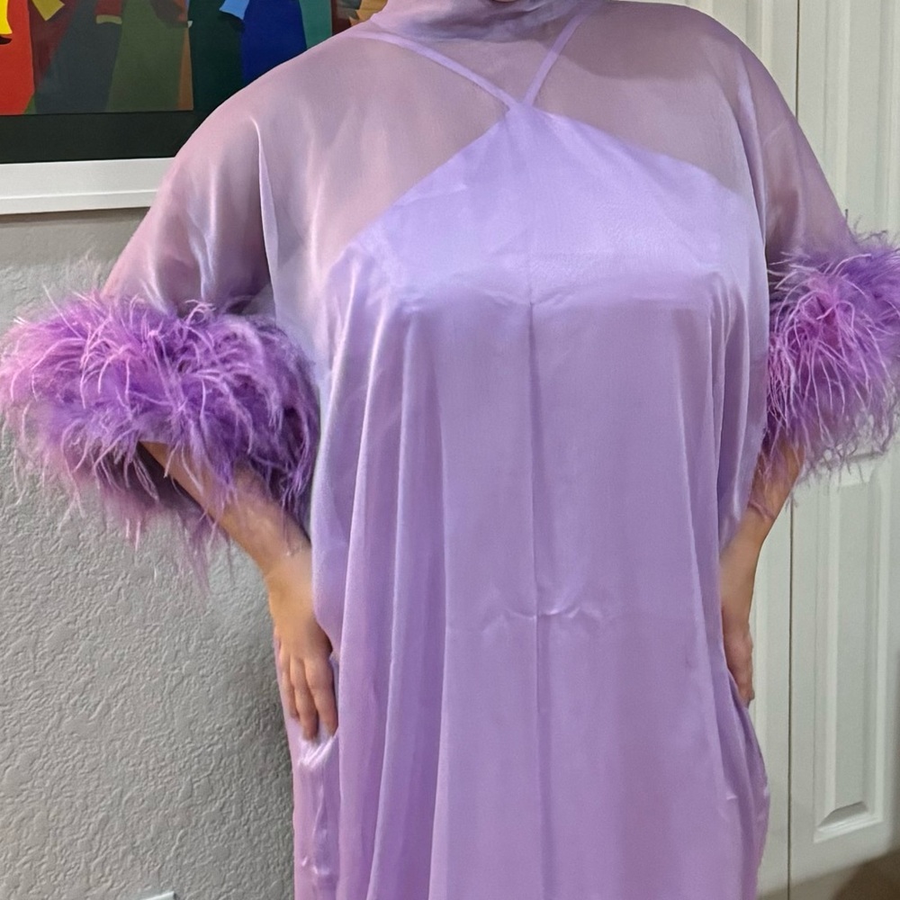 Elegant Lavender Maxi Dress with Feather Details